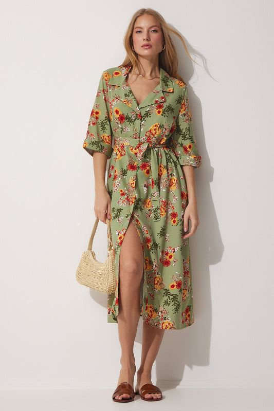 Happiness İstanbul Floral Summer Viscose Shirt Dress Green Women