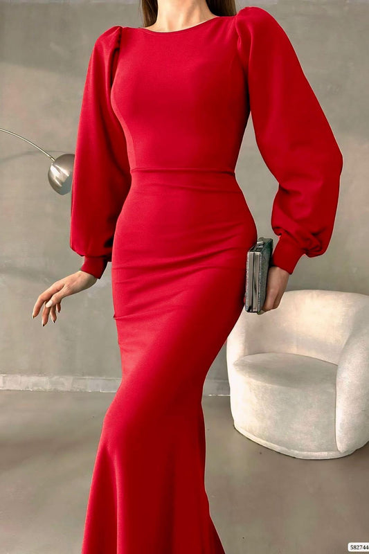 Deafox Red Balloon Sleeve Fish Model Maxi Size Imported Crepe Fabric Dress Women