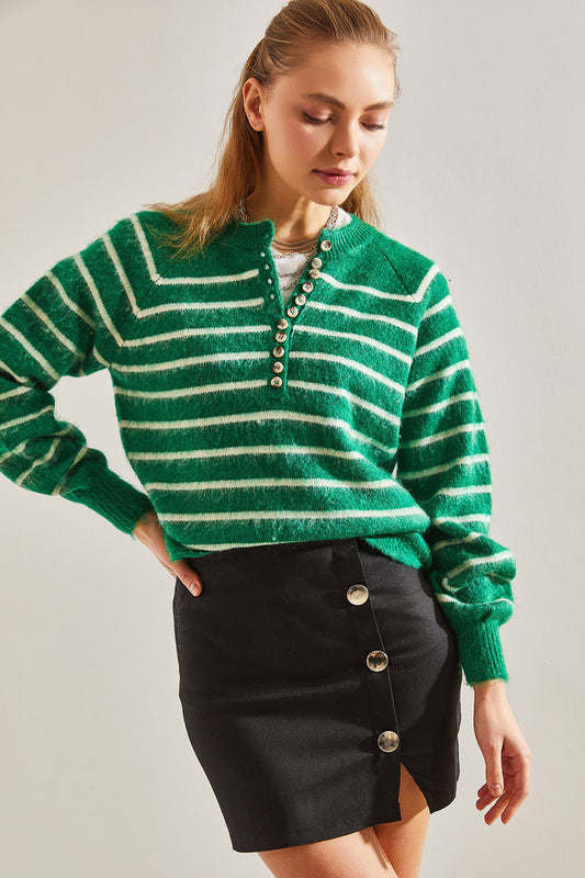 Bianco Lucci Women's Charmed Striped 11 Button Knitwear Sweater Green Women