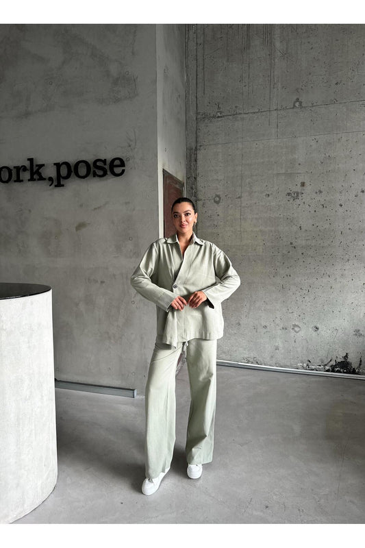 Laluvia 100% Cotton Khaki Kimono and Pants Set - Single Button, Double Breasted Closure Women