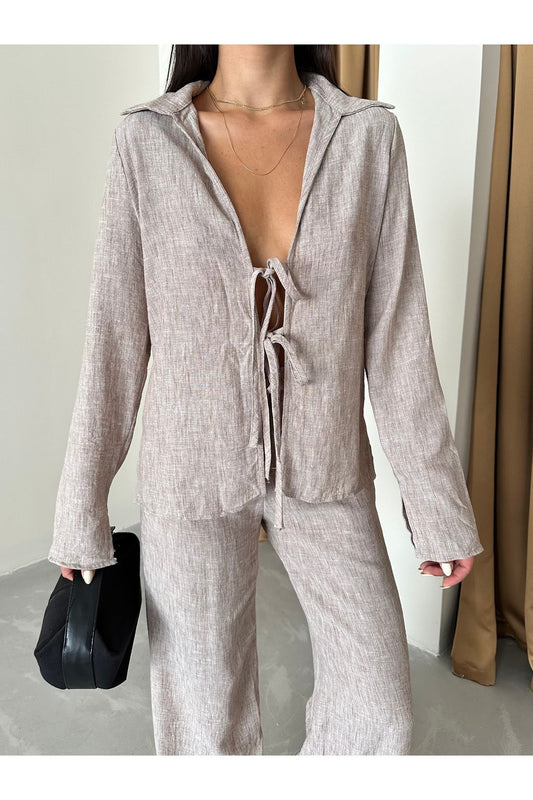 Laluvia Brown Kimono and Trousers Set - Front Lace Short Coffee Women