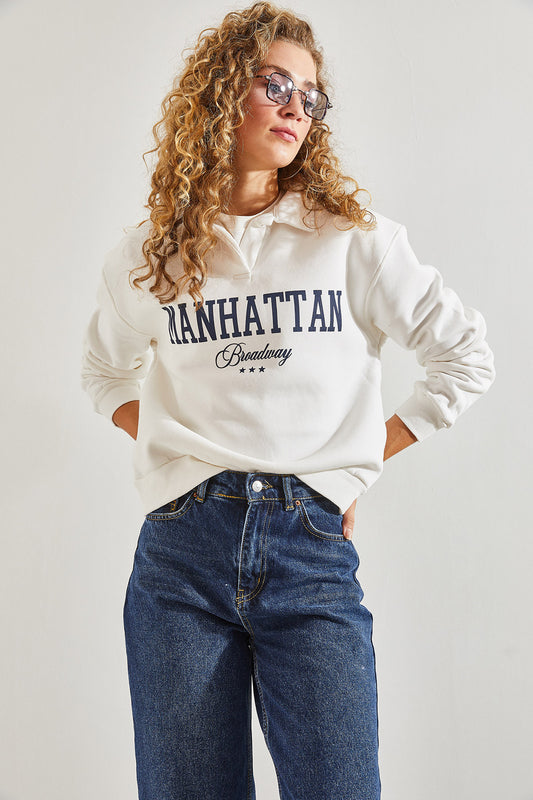 Bianco Lucci Women's Printed Three Thread Raised Sweatshirt White Women