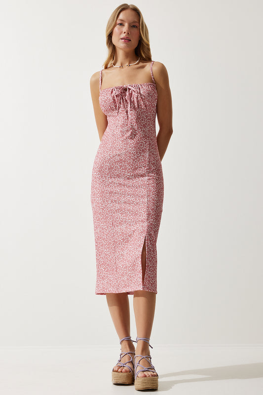Happiness İstanbul Women's Dried Rose White Floral Slit Summer Knitted Dress Rosewood White Women
