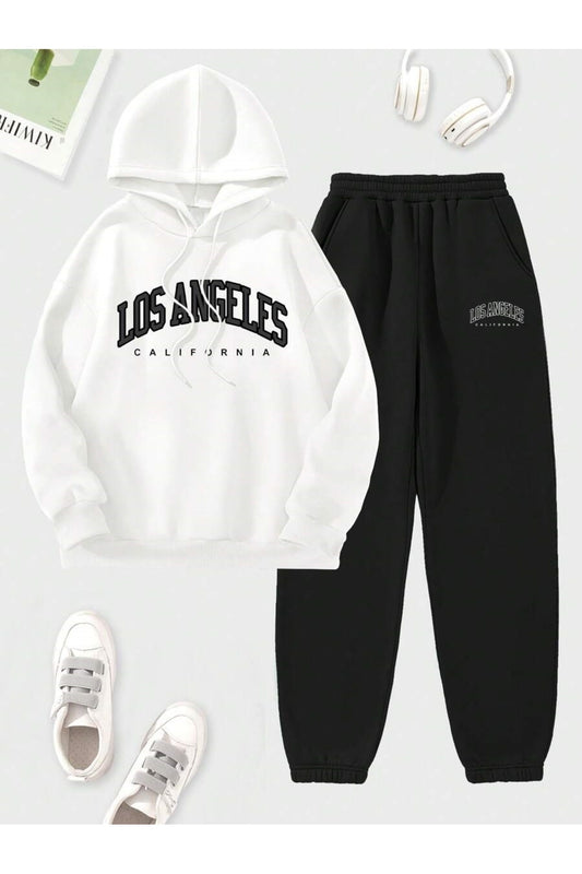 MOONBULL Unisex Los Angeles CA Printed Hooded Tracksuit Set White-black Unisex