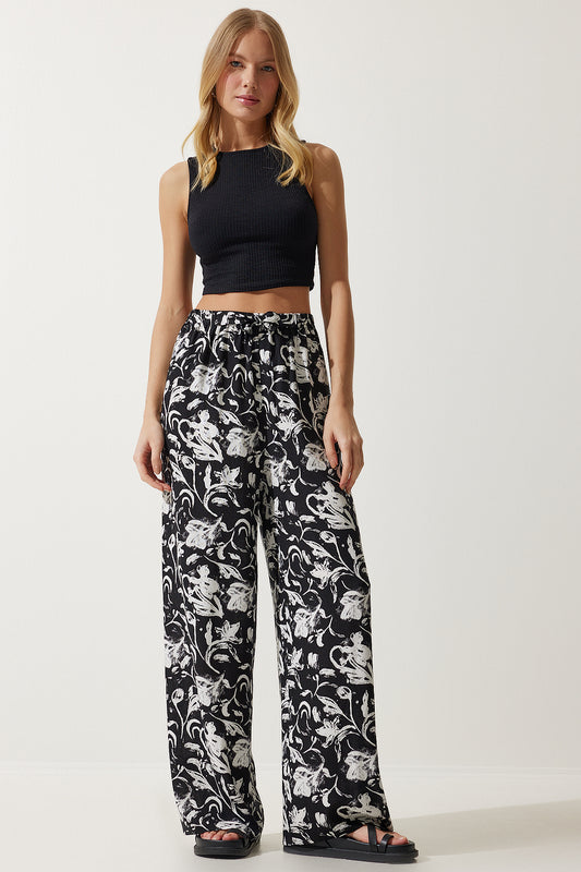 Happiness İstanbul Women's White Black Patterned Flowing Viscose Palazzo Trousers Women