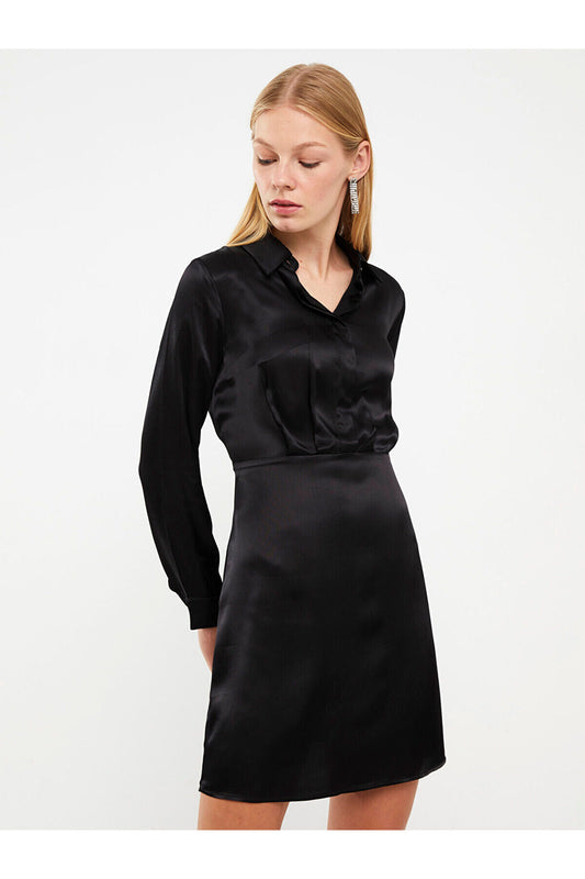 LC Waikiki Satin Women's Dress - Shirt Collar, Solid, Long Sleeve Black Women
