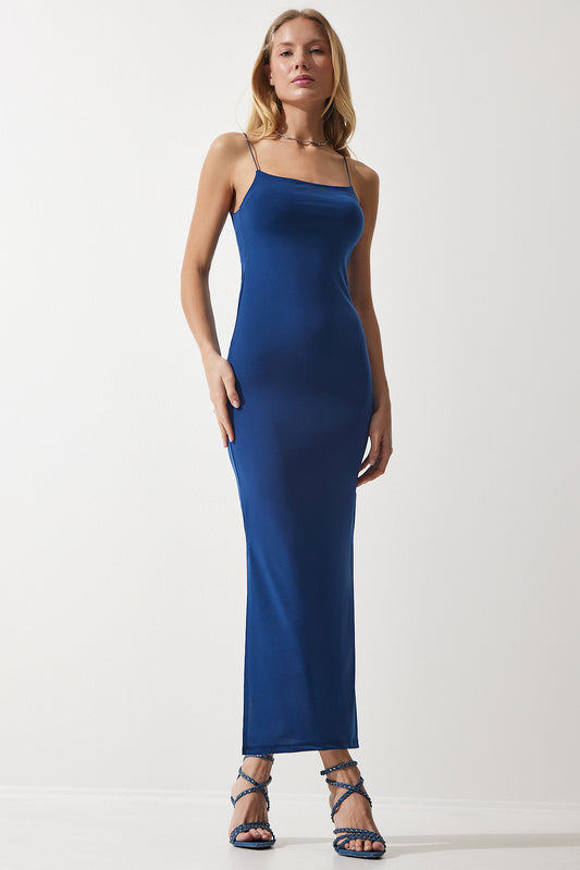Happiness İstanbul Women's Blue Rope Strap Slit Saran Sandy Dress Women