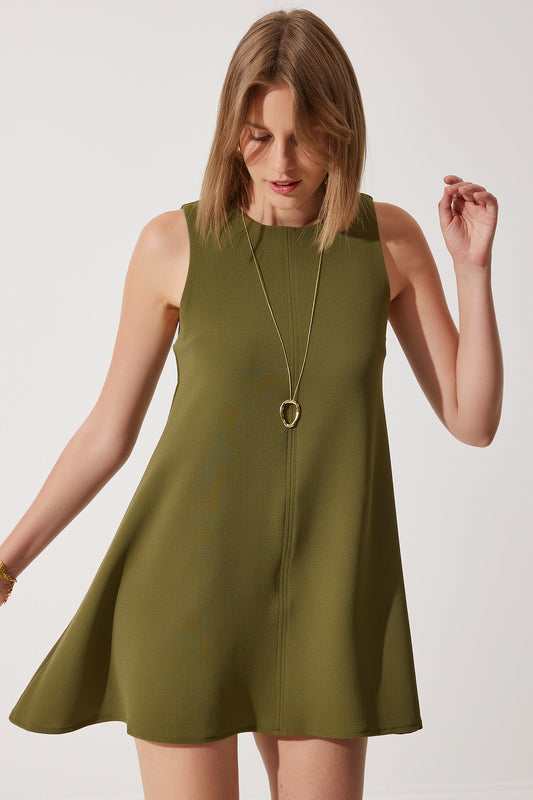 Happiness İstanbul Women's Khaki Crew Neck Summer Woven Bell Dress Women