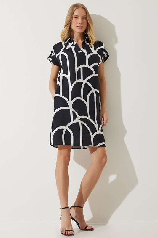 Happiness İstanbul Women's Black Polo Collar Patterned Summer Dress Women