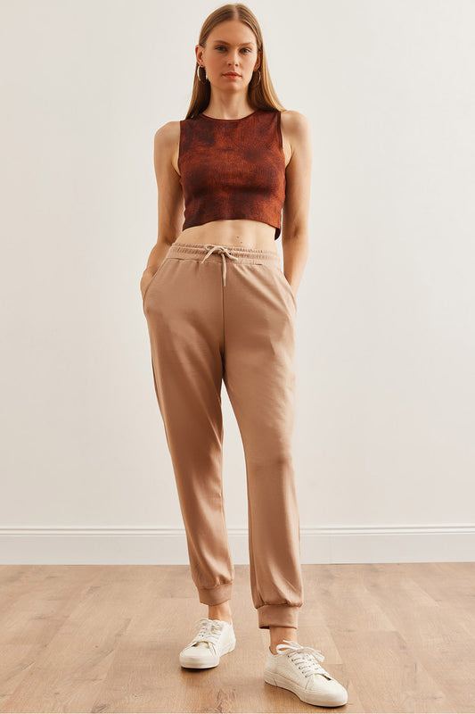 Olalook Beige Modal Buttoned Jogging Sweatpants - Women, Elastic Waist Eşf Women