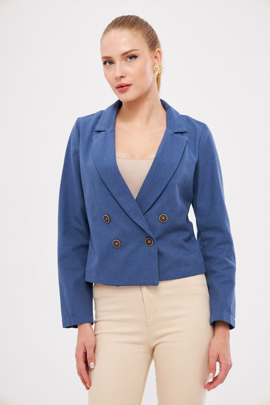 armonika Women's Dark Blue Double Breasted Collar Gabardine Crop Jacket Women