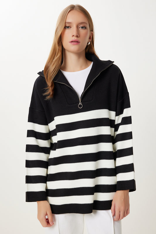 Happiness İstanbul Women's White Black Zippered Stand Collar Striped Oversize Knitwear Sweatshirt Women