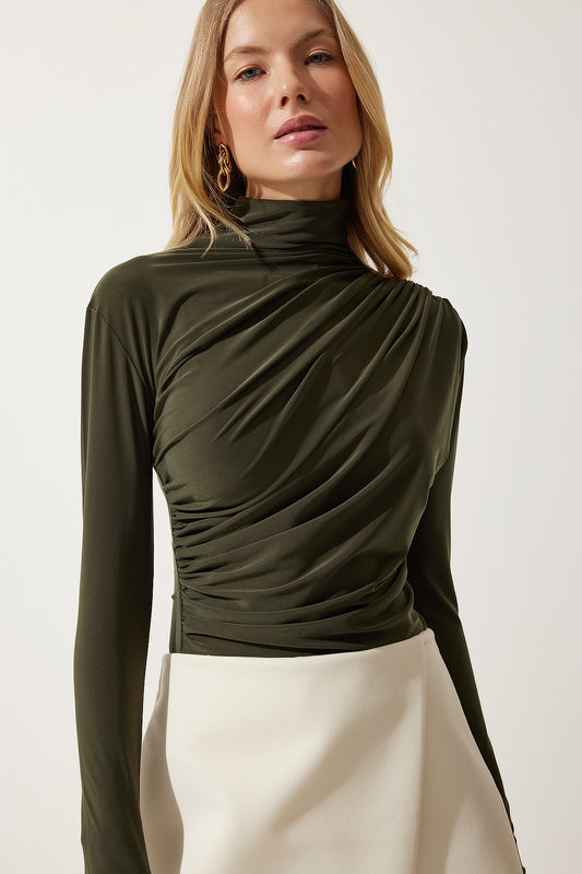 Happiness İstanbul Woman's Khaki Drawstring Detailed Stand Collar Sandy Blouse Women