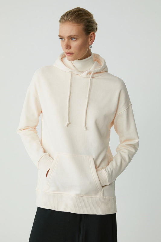 ETHIQUET Carly Women's Fleece Inside Soft Hooded Kangaroo Pocket Oversize Fit Ecru Sweatshirt Women