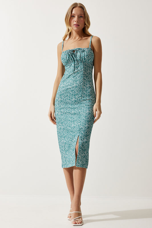 Happiness İstanbul Women's Water Green White Floral Slit Summer Knitted Dress Aqua White Women