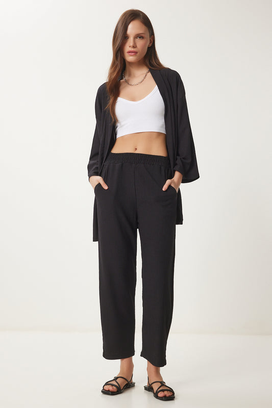 Happiness İstanbul Women's Black Kimono Trousers Knitted Set Women