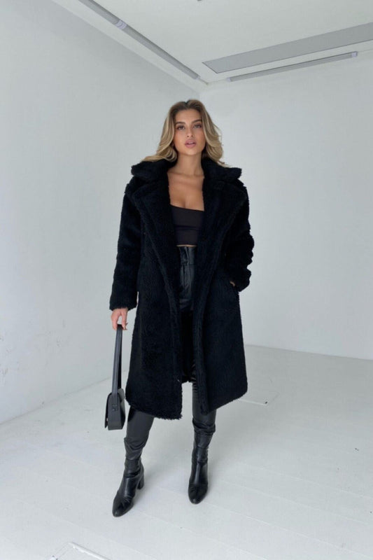 ZF BUTİK Women's Black Pocket Double Buttoned Long Plush Teddy Coat Women