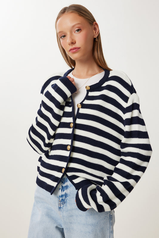 Happiness İstanbul Women's Ecru Navy Blue Padded Striped Knit Cardigan Women