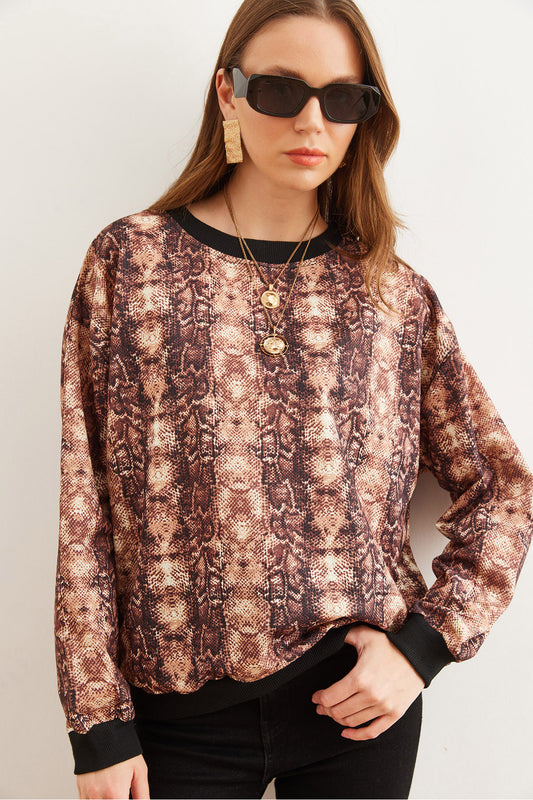 Olalook Women's Snake Brown Basic Soft Textured Casual Sweatshirt Swt Snake Coffee Women