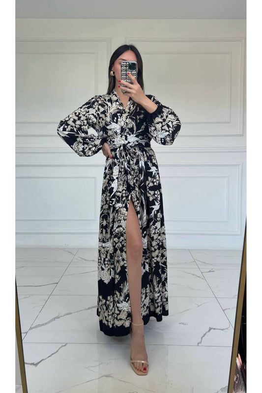 Laluvia Black Double-breasted Collar Patterned Dress Women