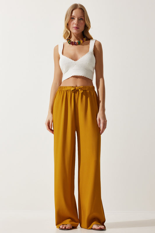 Happiness İstanbul Women's Mustard Summer Viscose Palazzo Trousers Women