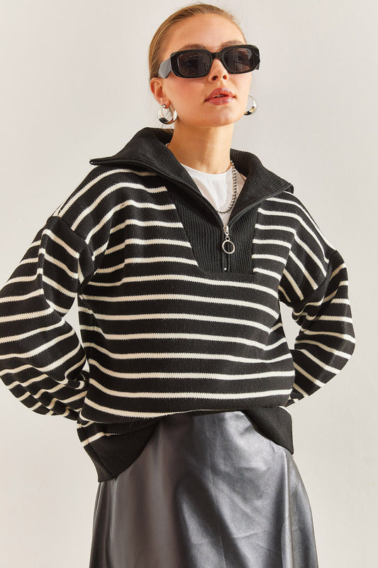 Bianco Lucci Women's Striped Zipper Knitwear Sweater Black-cream Women