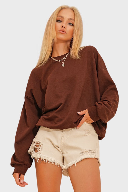Trend Alaçatı Stili Women's Bitter Brown Crew Neck Oversize Basic Sweatshirt Bitter Coffee Women