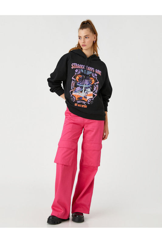 Koton Oversize Printed Sweatshirt with Hood and Fleece Inside Black Women