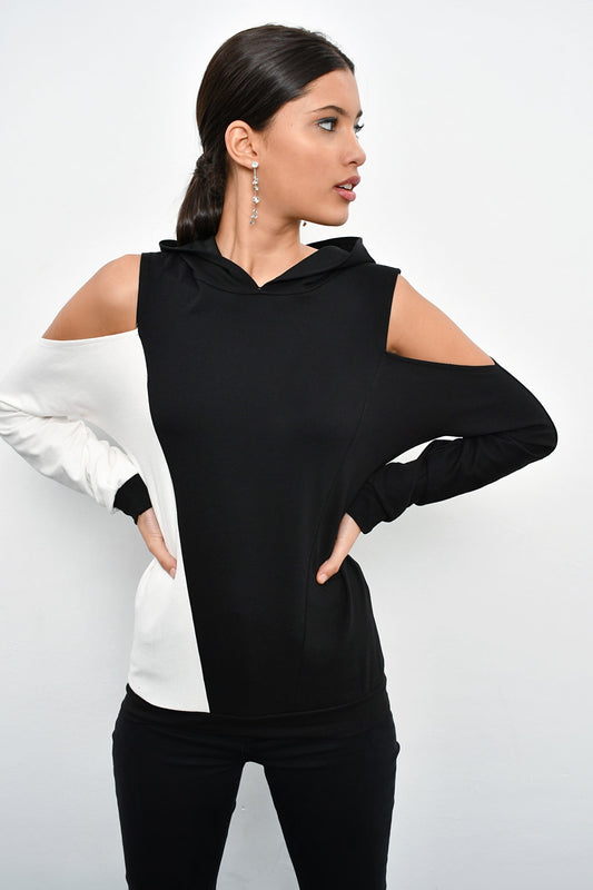 Cool & Sexy Women's Black Color Block Off-the-Shoulder Sweatshirt B23 Women