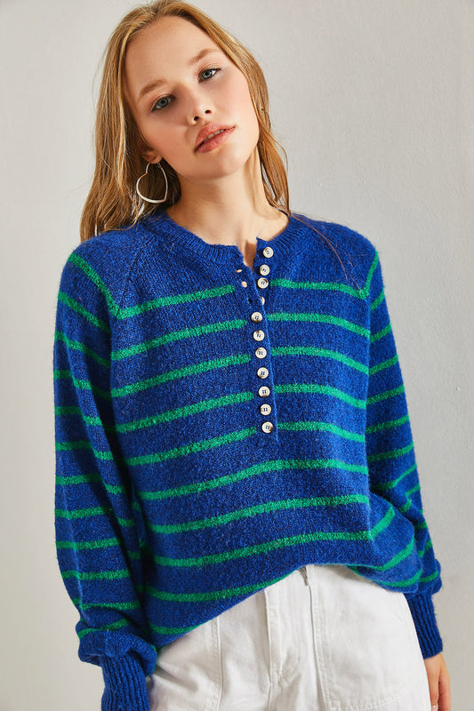 Bianco Lucci Women's Buttoned Collar Turtleneck Striped Knitwear Sweater Saks-green Women