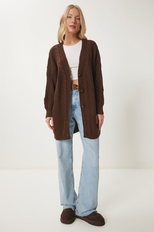 Happiness İstanbul Woman's Brown Balloon Sleeve Oversize Knit Cardigan Women