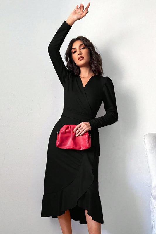 Deafox Black Crepe Fabric Long Sleeve Belted Midi Dress Women