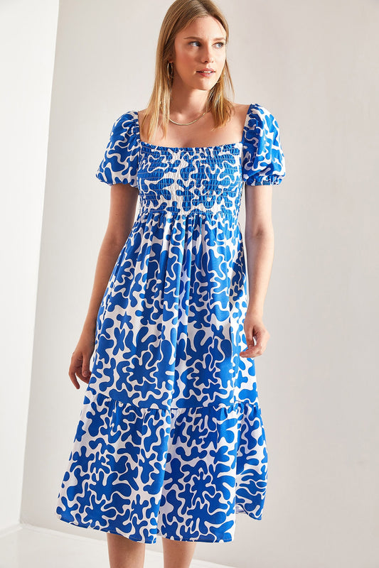 Bianco Lucci Women's Waist Elastic Patterned Flared Dress Blue Women