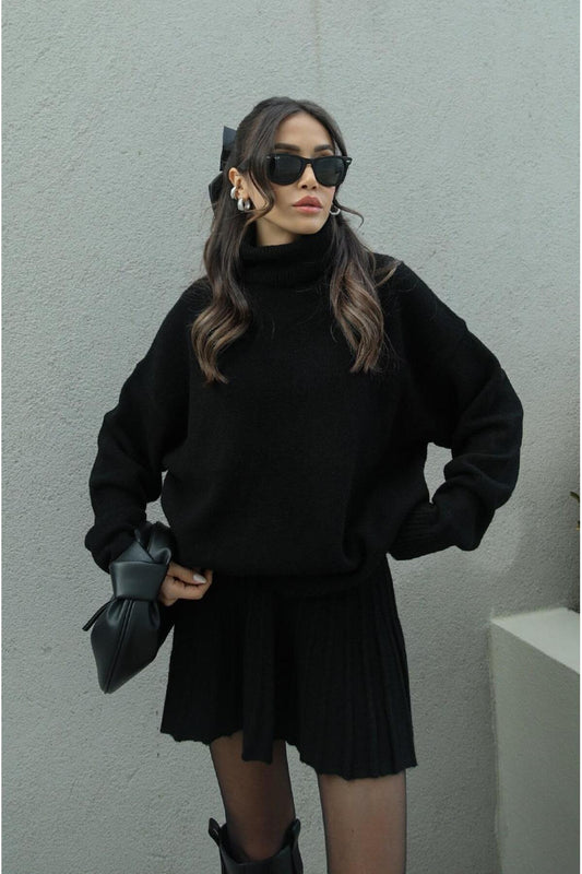 Mooi Butik Black Pleated Mini Skirt Fishing Sweater Bottom Top Premium Knitwear Set Women