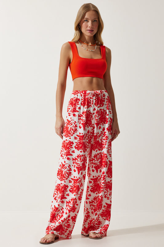 Happiness İstanbul Women's Ecru Red High Waist Summer Loose Viscose Trousers Off-red Women
