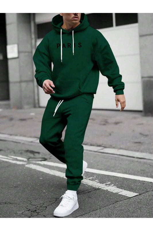 MOONBULL Men's Paris Printed Hooded Tracksuit Set Green Petroleum Men