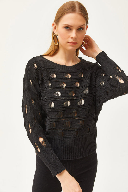 Olalook Women's Black Big Hole Bat Seasonal Knitwear Blouse Women
