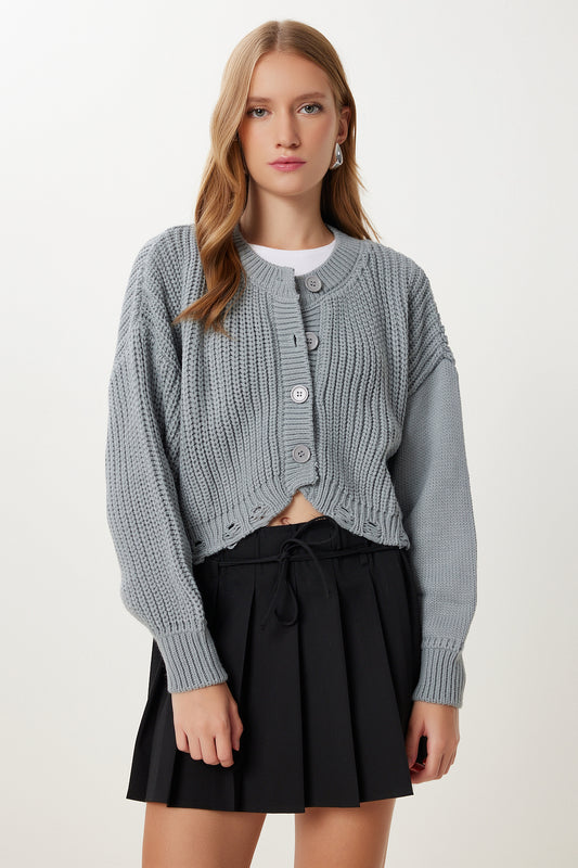 Happiness İstanbul Women's Stone Ripped Detailed Buttoned Crop Knitwear Cardigan Women