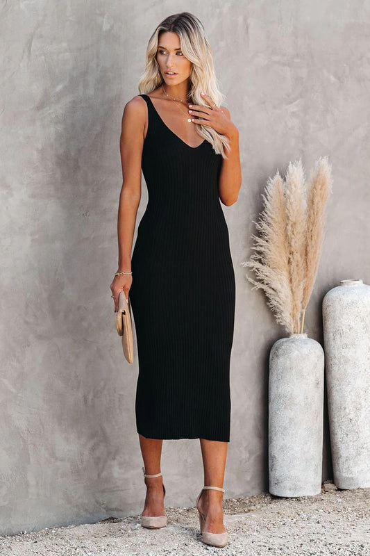 Madmext Black V-Neck Strap Knitwear Long Dress Women