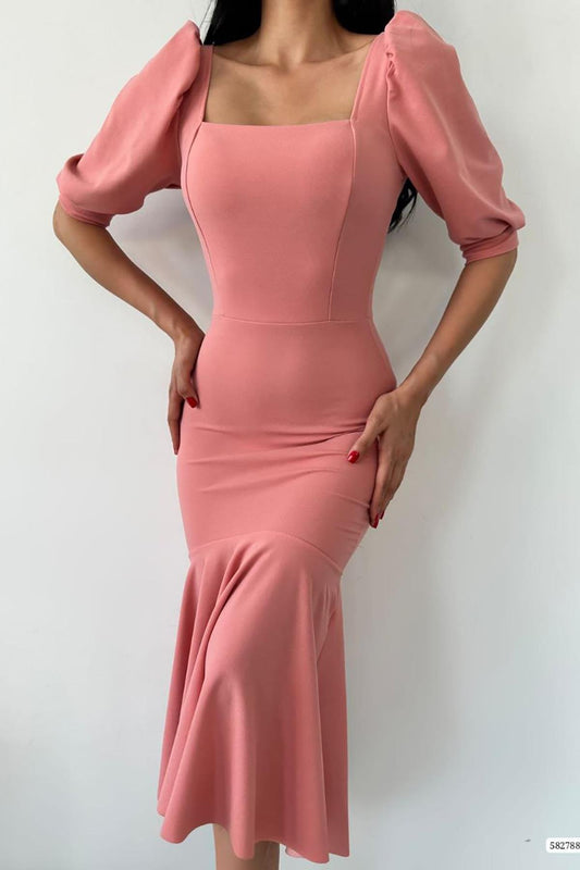 Deafox Powder Crepe Fabric Square Collar Balloon Sleeve Fish Model Midi Dress Women
