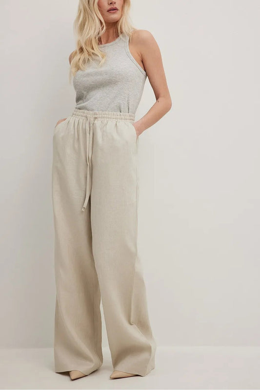 My Blog Stone Waist Elastic Linen Straight Trousers Women