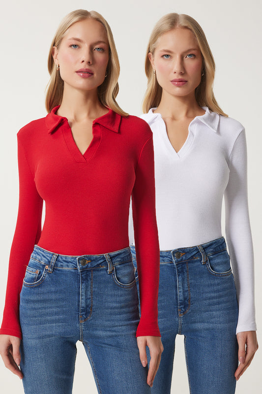 Happiness İstanbul Women's Red White 2-Piece Polo Neck Ribbed Knitted Blouse Women