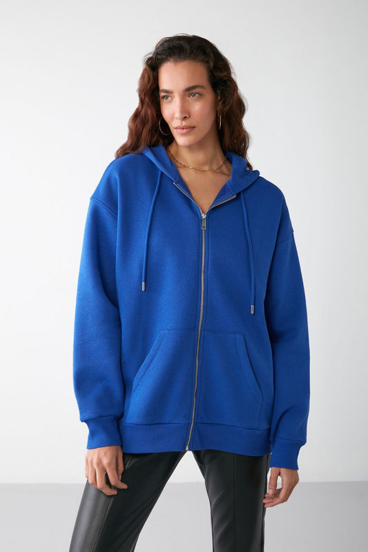 GRIMELANGE Alena Women's Basic Kangaroo Pocket Oversize Organic Cotton Zippered Hooded Saks Blue Sweatshirt Women