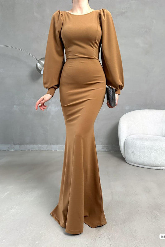 Deafox Brown Balloon Sleeve Fish Model Maxi Size Imported Crepe Fabric Dress Women