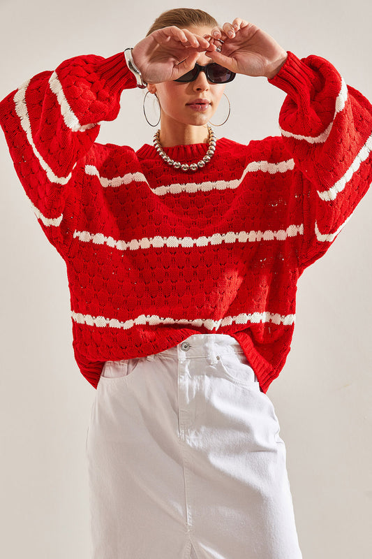 Bianco Lucci Women's Striped Balloon Sleeve Honeycomb Knitted Sweater Red-white Women