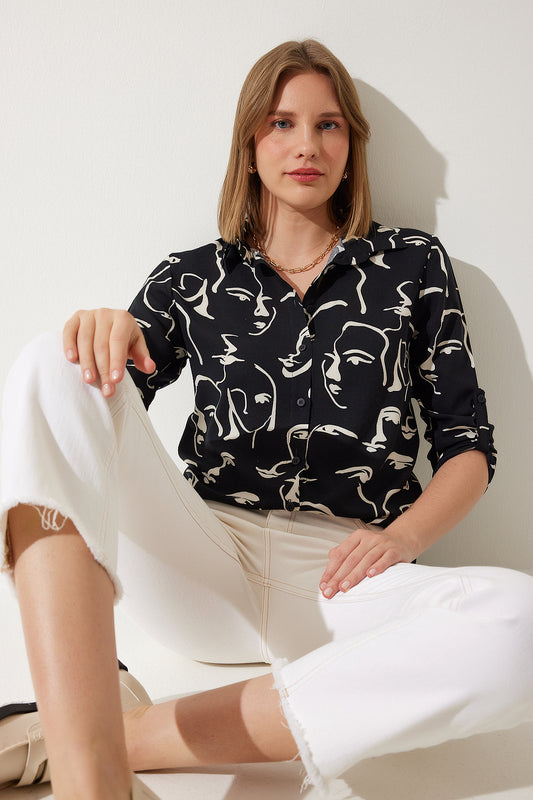 Happiness İstanbul Women's Black Patterned Basic Shirt Women