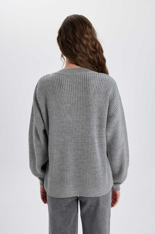 DeFacto V-Neck Oversize Knitwear Sweater Lt. Grey Women