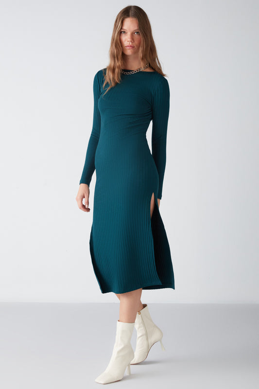 GRIMELANGE Orla Women's Flexible Ribbed Flowy Fabric Maxi Dress with Slits on the Sides Petroleum Green Women