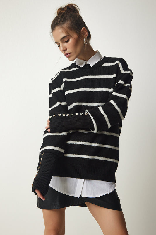 Happiness İstanbul Woman's Black Striped Knit Sweater Women