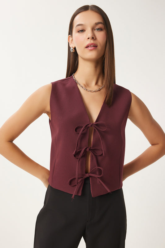 Happiness İstanbul Women's Burgundy Bow Tie Woven Vest Women